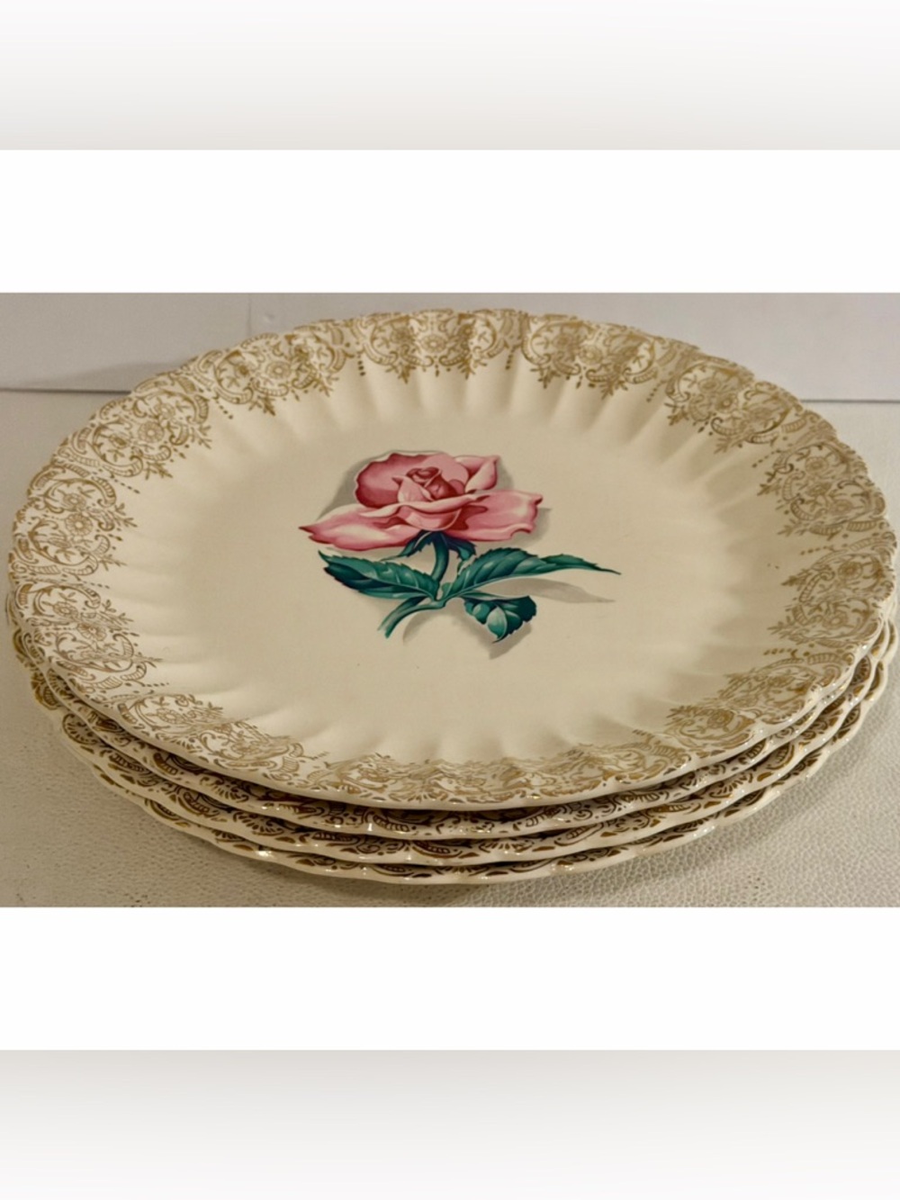 American Limoges Le Fleur Rouge 22K Gold Pink Rose Serving Plates Set 4 Vintage